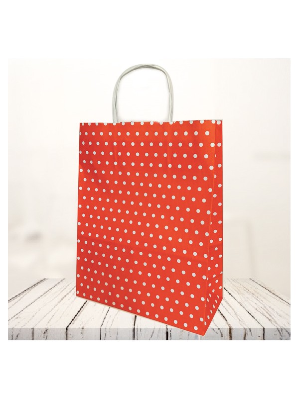 Rdeča pikčasta vrečka z zvitim ročajem